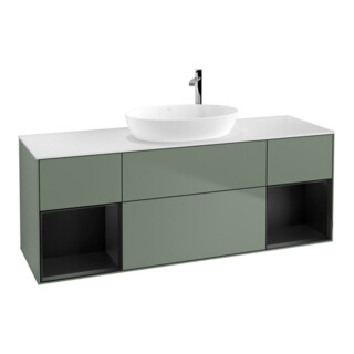 V&B Meuble sous lavabo Finion 160 cm, blanc mat, tiroir bleu mat laqué, olivier mat laqué