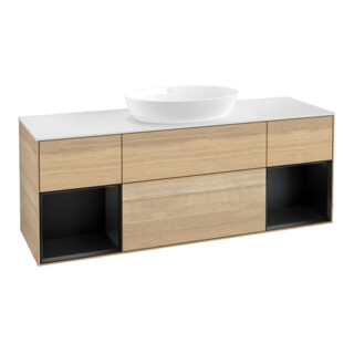 V&B Meuble sous lavabo Finion 160 cm, blanc mat, tiroir bleu mat, poignée ven