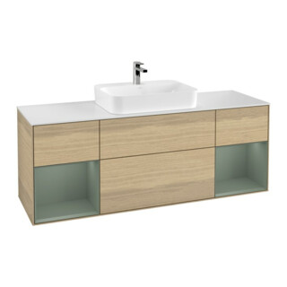 V&B Meuble sous lavabo Finion 160 cm, blanc mat, tiroir huile mat, poignée venis