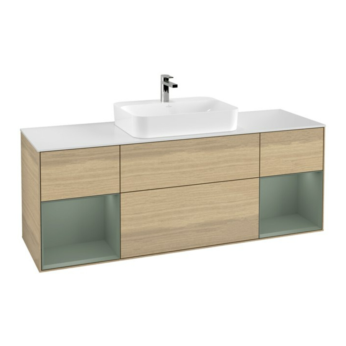 V&B Meuble sous lavabo Finion 160 cm, blanc mat, tiroir huile mat, poignée venis