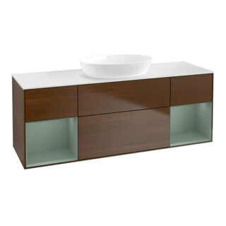 V&B Meuble sous lavabo Finion 160 cm, blanc mat, tiroir huilé, placage noyer