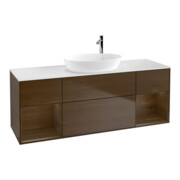 V&B Meuble sous lavabo Finion 160 cm, blanc mat, tiroir noyer veiné, noyer veiné