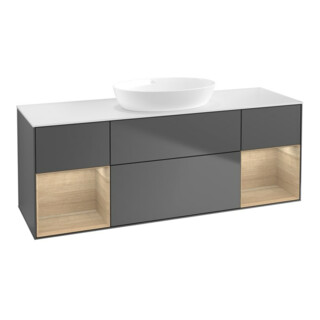 V&B Meuble sous lavabo Finion 160 cm, blanc mat, tiroir ouvert, anthracite mat