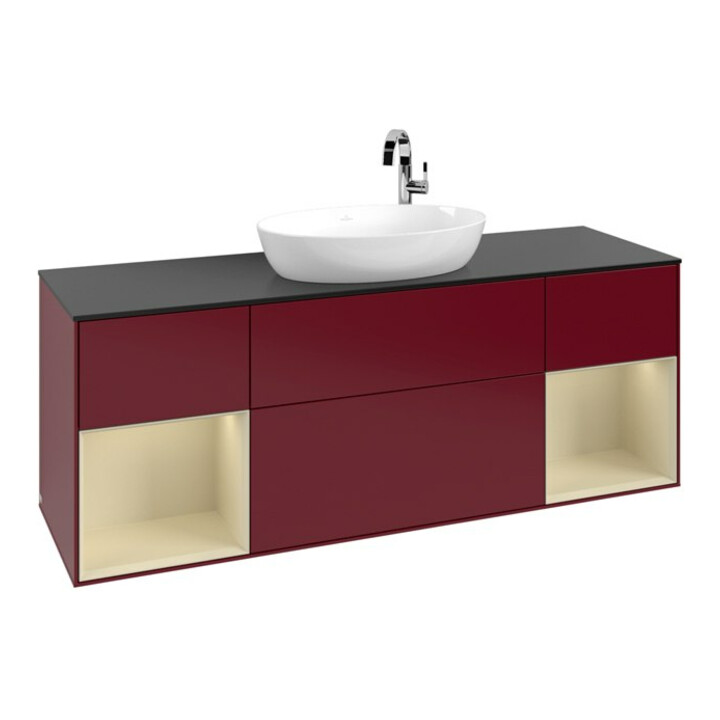 V&B Meuble sous lavabo Finion 160 cm, blanc mat, tiroirs gris mat laqué, poignée mat