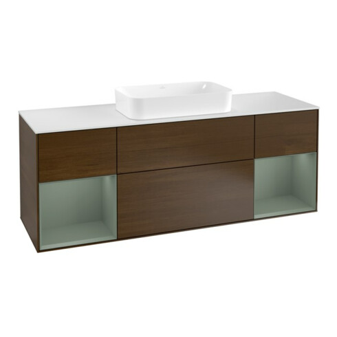 V&B Meuble sous lavabo Finion 160 cm, blanc mat, tiroirs huilés avec laque, noyer veinée