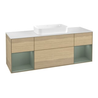 V&B Meuble sous-lavabo Finion 160 cm, blanc poli, tiroir huilé avec laque, éclairage mural