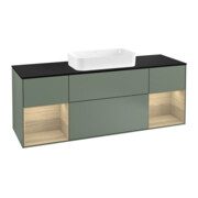 V&B Meuble sous lavabo Finion 160 cm, bleu clair, éclairage mural, étagère ouverte, huile et laque