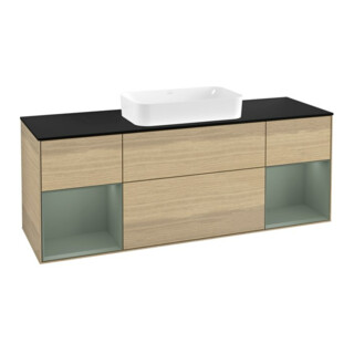 V&B Meuble sous lavabo Finion 160 cm, bleu clair, étagère huilée avec laque, éclairage mural