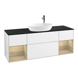 V&B Meuble sous lavabo Finion 160 cm, bleu clair, porte battante, blanc brillant, laqué