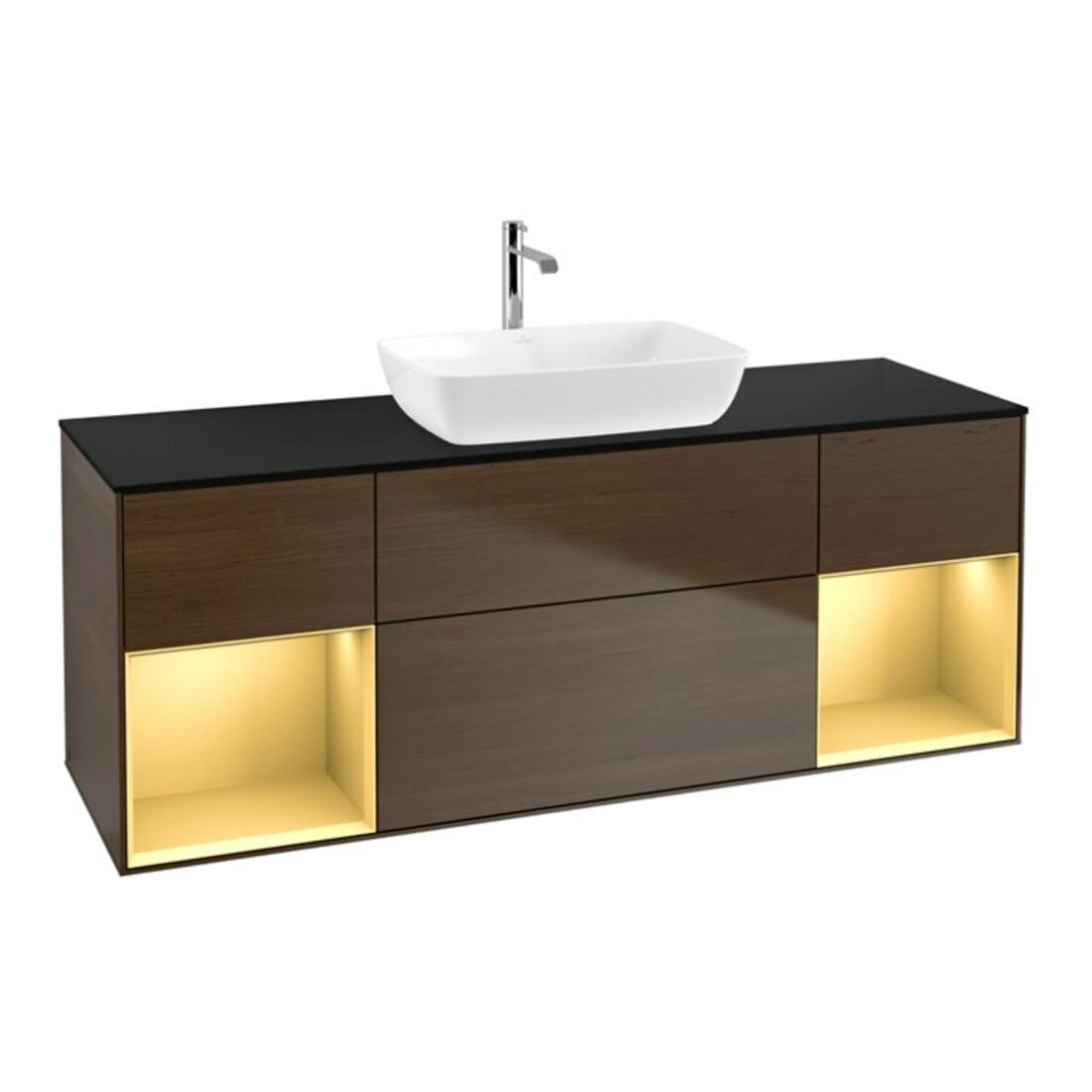 V&B Meuble sous lavabo Finion 160 cm, bleu clair, porte coulissante, noyer veiné