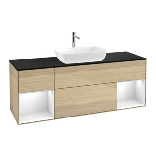 V&B Meuble sous lavabo Finion 160 cm, bleu clair, porte verre blanc, laqué, ouverture à glissière
