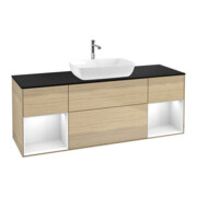 V&B Meuble sous lavabo Finion 160 cm, bleu clair, porte verre blanc, laqué, ouverture à glissière