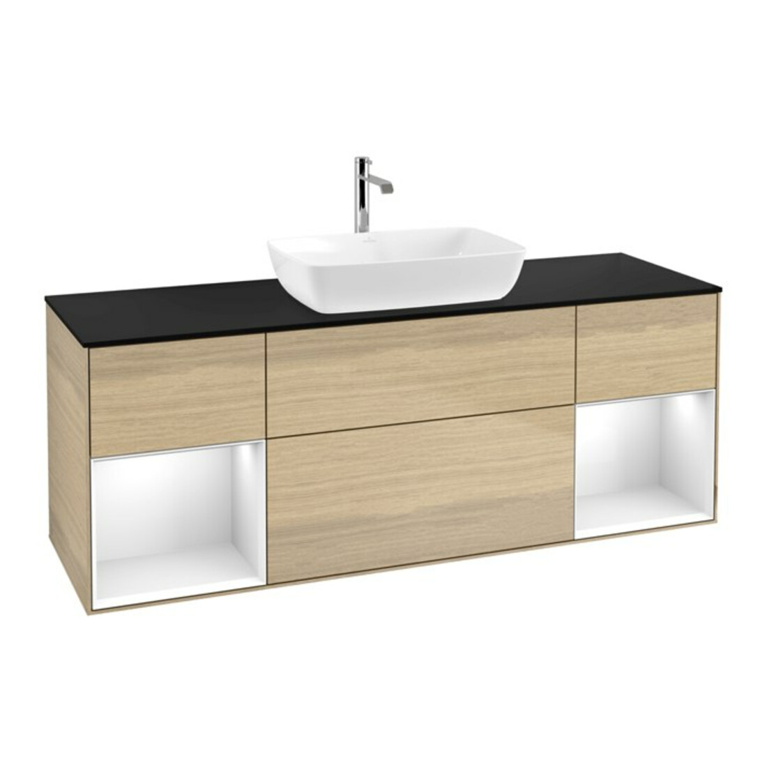 V&B Meuble sous lavabo Finion 160 cm, bleu clair, porte verre blanc, laqué, ouverture à glissière