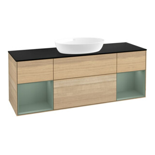 V&B Meuble sous lavabo Finion 160 cm, bleu clair, tablette en bois huilé, avec poignée ven