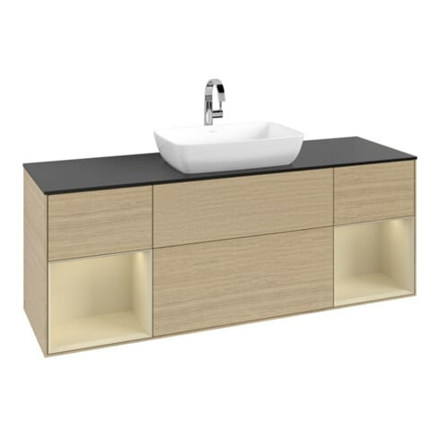 V&B Meuble sous lavabo Finion 160 cm, bleu clair, tiroirs gris clair, poignée ven