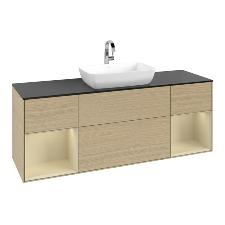 V&B Meuble sous lavabo Finion 160 cm, bleu clair, tiroirs gris clair, poignée ven