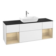 V&B Meuble sous lavabo Finion 160 cm, bleu, éclairage mural, étagère ouverte, blanc brillant, laqué