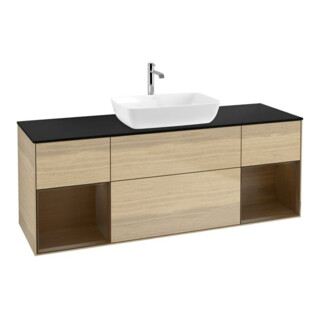 V&B Meuble sous lavabo Finion 160 cm, bleu, étagère bois, éclairage mural