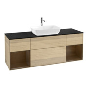 V&B Meuble sous lavabo Finion 160 cm, bleu, étagère bois, éclairage mural