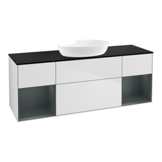 V&B Meuble sous lavabo Finion 160 cm, bleu, étagère médiane, laqué blanc