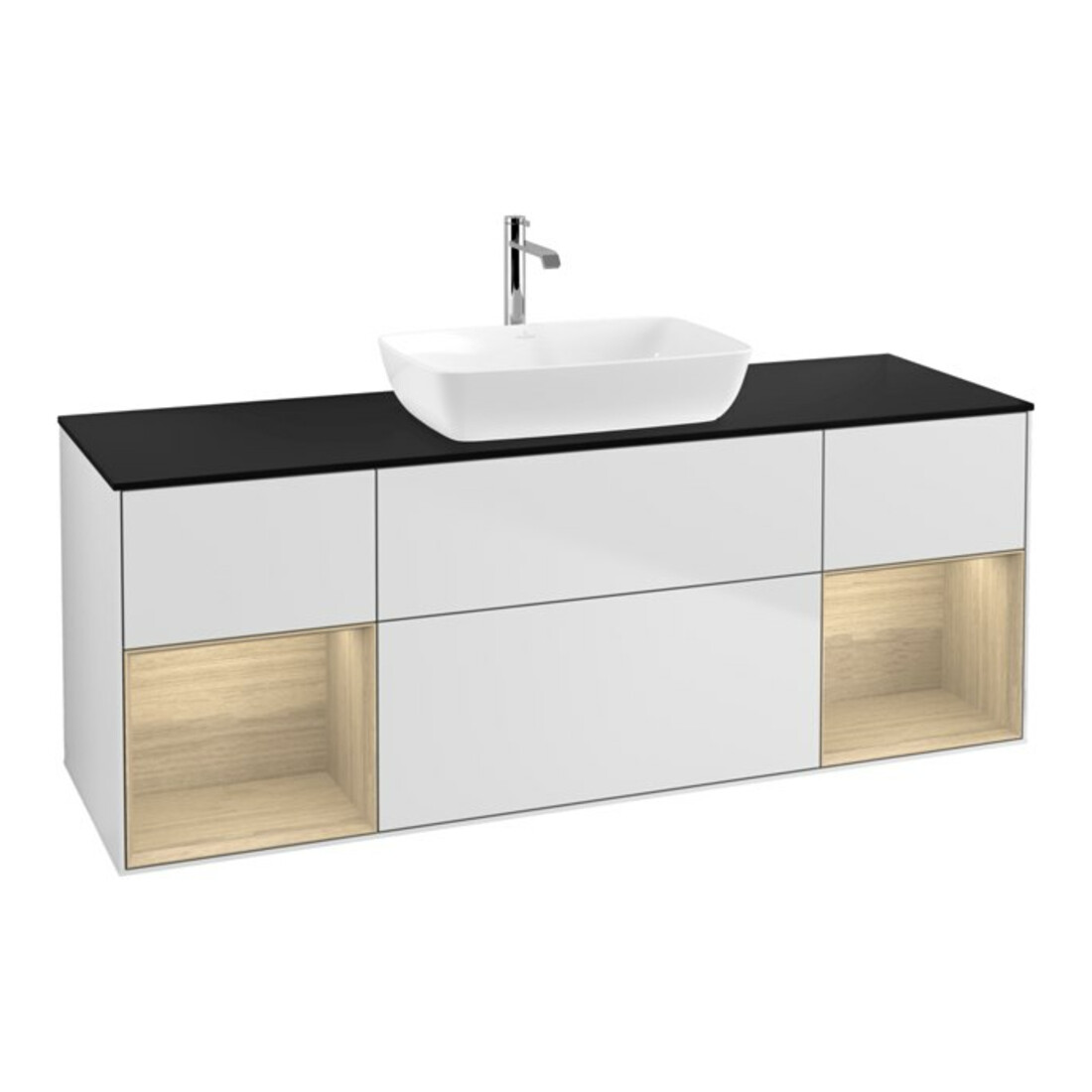 V&B Meuble sous lavabo Finion 160 cm, bleu, étagère ouverte, blanc laqué, avec éclairage mural