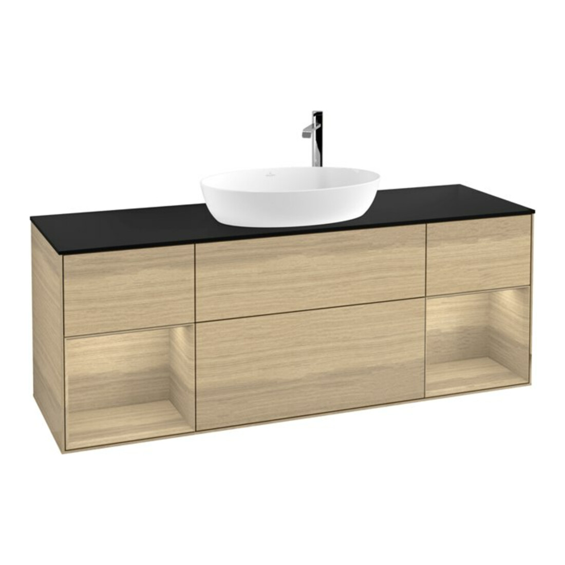 V&B Meuble sous lavabo Finion 160 cm, bleu pâle, éclairage mural, étagère ouverte
