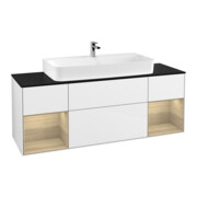 V&B Meuble sous lavabo Finion 160 cm, bleu pâle, éclairage mural, étagère ouverte, blanc brillant Lac