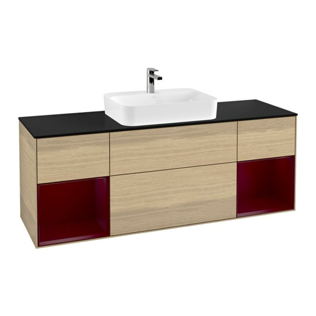 V&B Meuble sous lavabo Finion 160 cm, bleu pâle, étagère Peo avec laque, éclairage mural