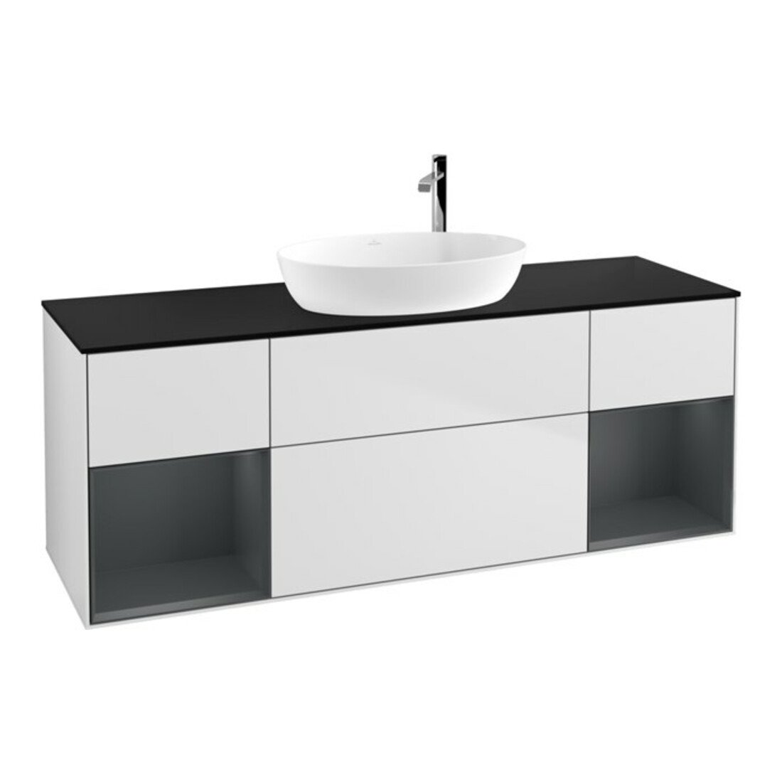 V&B Meuble sous-lavabo Finion 160 cm, bleu pl, étagère md, laqué blanc