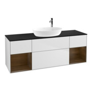 V&B Meuble sous lavabo Finion 160 cm, bleu platine, rangement en noyer, blanc mat laqué