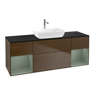 V&B Meuble sous lavabo Finion 160 cm, bleu, tiroir, placage noyer