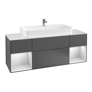 V&B Meuble sous lavabo Finion 160 cm, éclairage mural, anthracite mat, laqué blanc