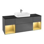 V&B Meuble sous lavabo Finion 160 cm, éclairage mural, anthracite, placage bois, réglette or mat