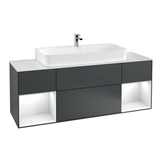V&B Meuble sous lavabo Finion 160 cm, éclairage mural, blanc brillant, bleu moyen laqué