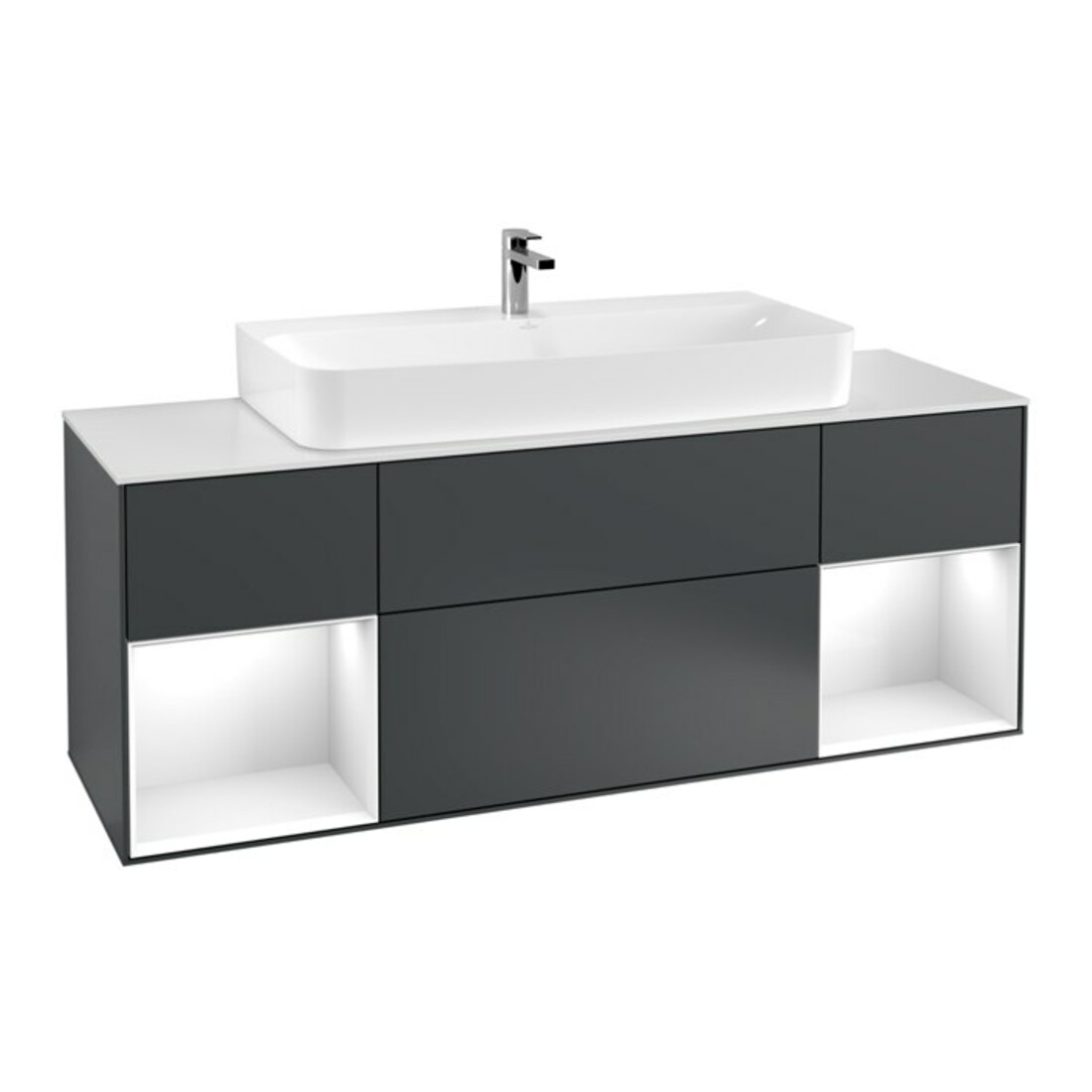 V&B Meuble sous lavabo Finion 160 cm, éclairage mural, blanc brillant, bleu moyen laqué
