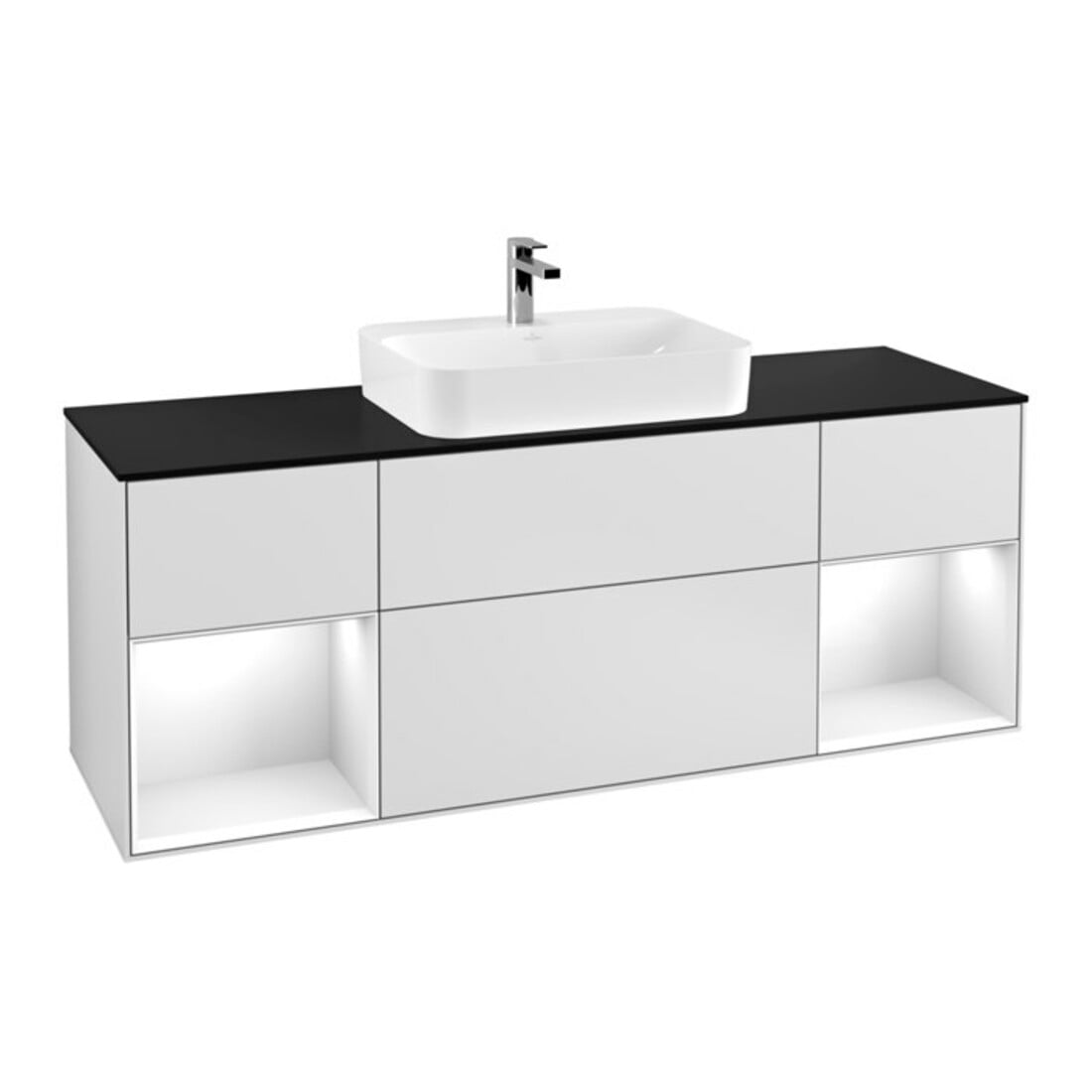 V&B Meuble sous lavabo Finion 160 cm, éclairage mural, blanc brillant, laqué