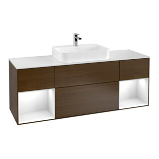 V&B Meuble sous lavabo Finion 160 cm, éclairage mural, blanc brillant, laqué, chêne ven