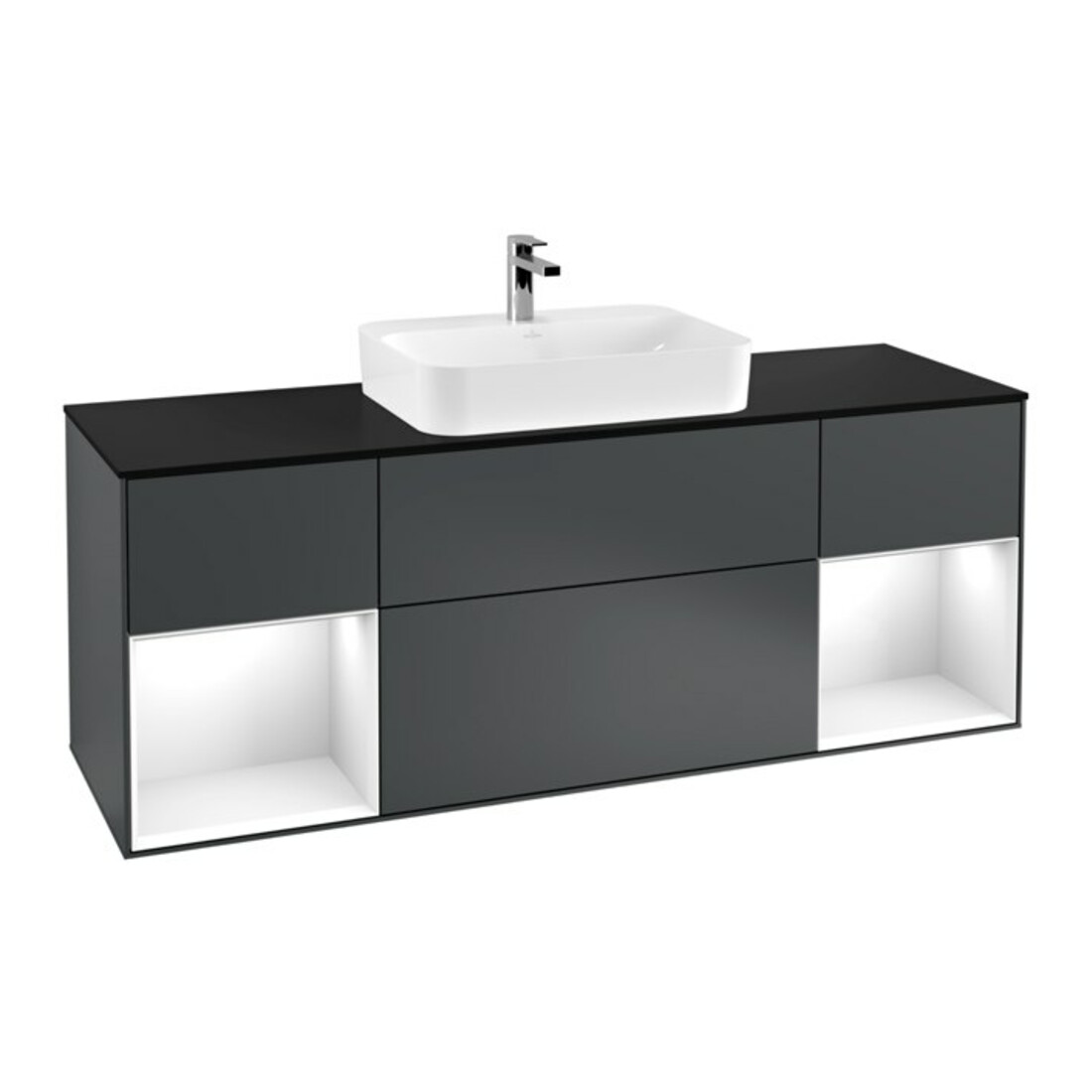V&B Meuble sous lavabo Finion 160 cm, éclairage mural, blanc brillant, mat brillant