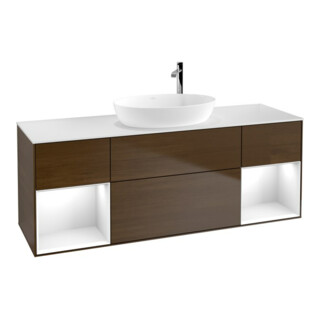 V&B Meuble sous lavabo Finion 160 cm, éclairage mural, blanc brillant, placage noyer