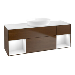 V&B Meuble sous-lavabo Finion 160 cm, éclairage mural, blanc brillant, placage noyer veneer