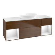 V&B Meuble sous-lavabo Finion 160 cm, éclairage mural, blanc brillant, placage noyer veneer