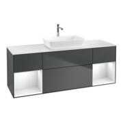 V&B Meuble sous-lavabo Finion 160 cm, éclairage mural, blanc mat, laqué gris, poignée bleue laquée