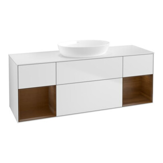 V&B Meuble sous lavabo Finion 160 cm, éclairage mural, blanc mat, noyer verni, blanc mat laqué