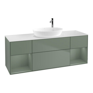V&B Meuble sous lavabo Finion 160 cm, éclairage mural, blanc mat, olivier mat laqué