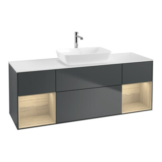 V&B Meuble sous lavabo Finion 160 cm, éclairage mural, blanc mat, rangement ouvert, miroir avec éclairage LED