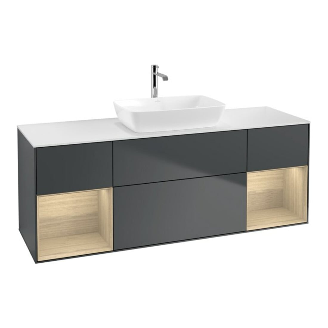 V&B Meuble sous lavabo Finion 160 cm, éclairage mural, blanc mat, rangement ouvert, miroir avec éclairage LED