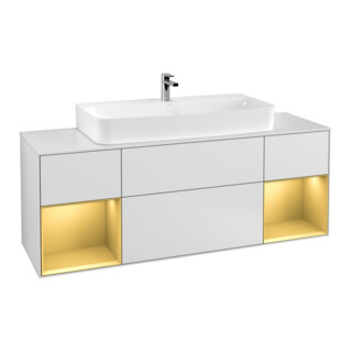 V&B Meuble sous lavabo Finion 160 cm, éclairage mural, laiton doré mat, laque blanche mate
