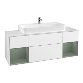 V&B Meuble sous lavabo Finion 160 cm, éclairage mural, laque blanc brillant