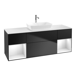 V&B Meuble sous lavabo Finion 160 cm, éclairage mural, laque blanc brillant, bleu mat laque