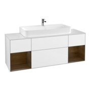 V&B Meuble sous lavabo Finion 160 cm, éclairage mural, laque blanc brillant, noyer régulier-1